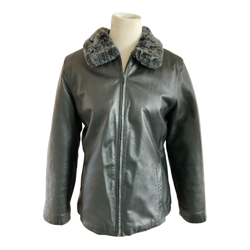 Charles Klein Women’s Sz L Reversible Faux Rabbit Fur Lined Black Leather Coat